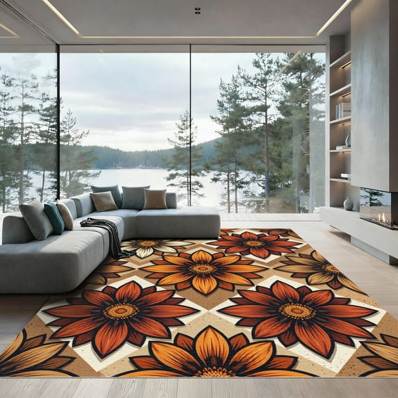 ODIKA 8'x10' Machine Washable Non-Slip Area Rug, Geometric Burnt Orange High Traffic Rug, Orange, 1269096