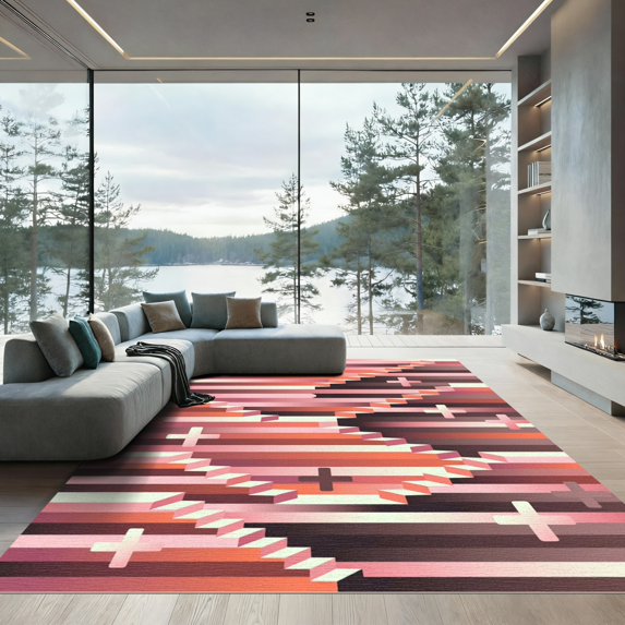 ODIKA 8'x10' Machine Washable Non-Slip Area Rug, Geometric Dusty Pink High Traffic Rug, Pink, 1290123