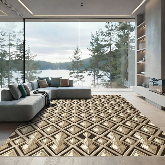 ODIKA 8'x10' Machine Washable Non-Slip Area Rug, Geometric Gold High Traffic Rug, Gold, 1004323