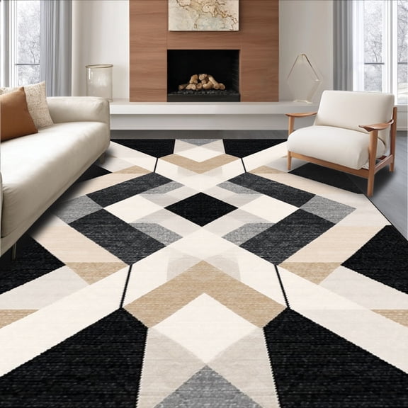 ODIKA 8'x10' Machine Washable Non-Slip Area Rug, Elassa Inspired Abstract Geometry with Layered Motifs High Traffic Rug, Black, 184458