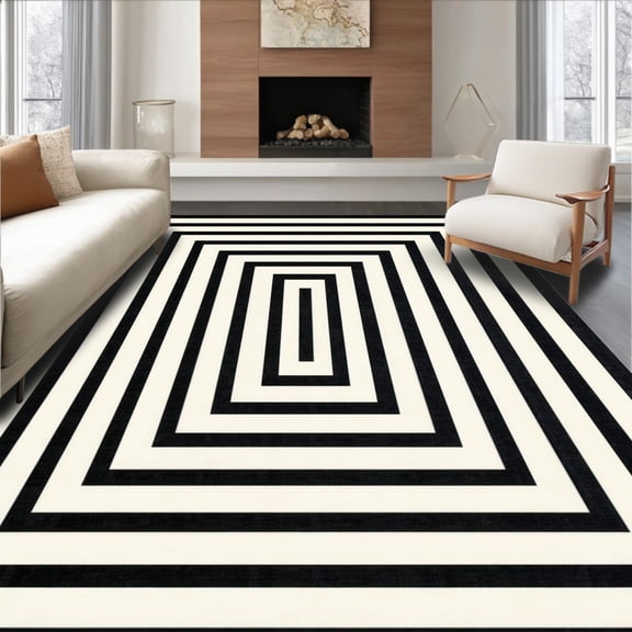 ODIKA 8'x10' Machine Washable Non-Slip Area Rug, Elegant Repetitive Stripe Design High Traffic Rug, Black, 271083
