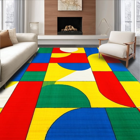 ODIKA 8'x10' Machine Washable Non-Slip Area Rug, Vibrant Abstract Geometric Blocks High Traffic Rug, Red, 121747