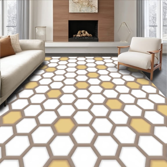 ODIKA 8'x10' Machine Washable Non-Slip Area Rug, Hexagonal Honeycomb Patterned Floor with Minimalist Appeal High Traffic Rug, White, 593247