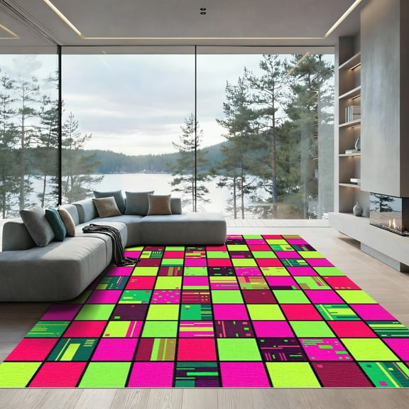 ODIKA 8'x10' Machine Washable Non-Slip Area Rug, Geometric Lime Green High Traffic Rug, Green, 979738