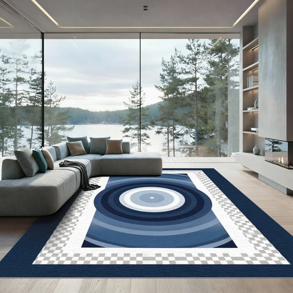 ODIKA 8'x10' Machine Washable Non-Slip Area Rug, Geometric Navy Blue High Traffic Rug, Blue, 1055842