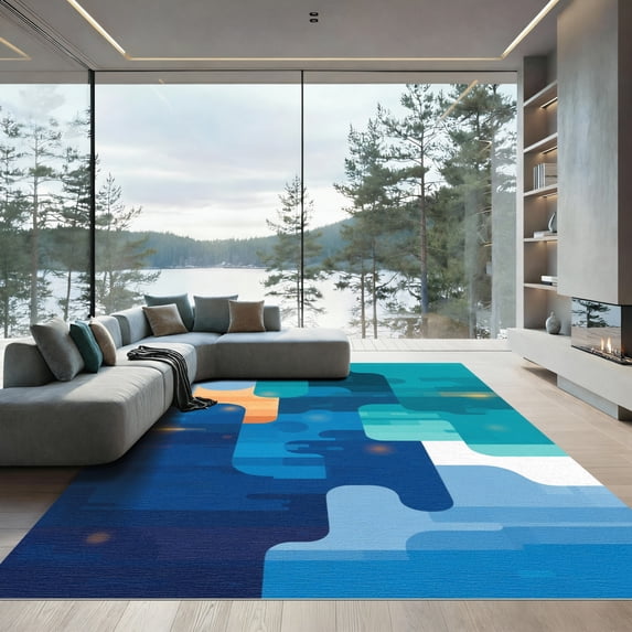 ODIKA 8'x10' Machine Washable Non-Slip Area Rug, Geometric Navy Blue High Traffic Rug with Pad, Blue, 1058488