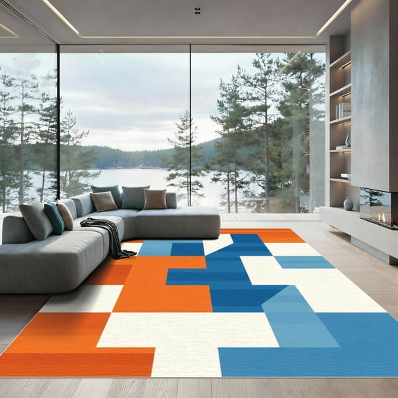ODIKA 8'x10' Machine Washable Non-Slip Area Rug, Geometric Orange High Traffic Rug, Orange, 1077917