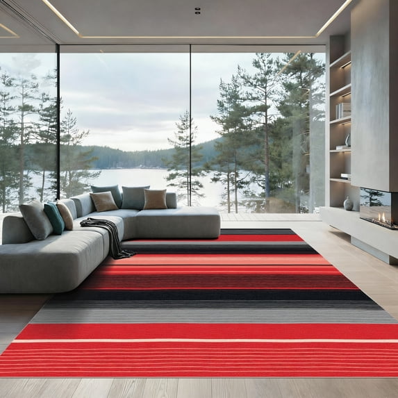 ODIKA 8'x10' Machine Washable Non-Slip Area Rug, Geometric Red High Traffic Rug, Red, 1097568