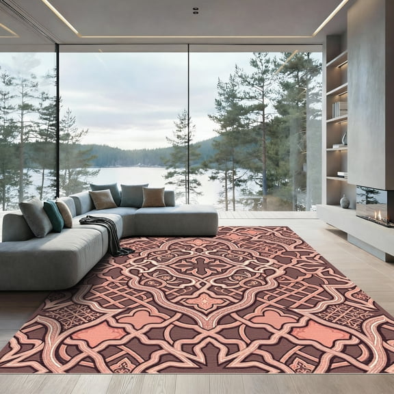 ODIKA 8'x10' Machine Washable Non-Slip Area Rug, Geometric Terracotta High Traffic Rug, Orange, 958242