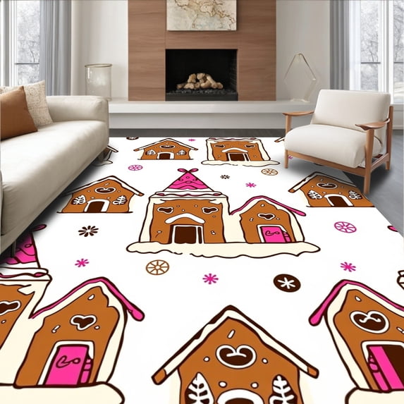 ODIKA 8'x10' Machine Washable Non-Slip Area Rug, Gingerbread Village Scene Holiday Doormat with Cookie House Details High Traffic Rug with Pad, Brown, 732228