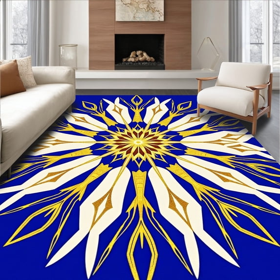 ODIKA 8'x10' Machine Washable Non-Slip Area Rug, Glittering Burst Tree Collar with Radiant Celestial Motifs High Traffic Rug, Blue, 625225