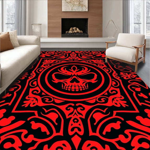 ODIKA 8'x10' Machine Washable Non-Slip Area Rug, Gothic Skull Crossbones Pirate Bath with Dark Mystical Design High Traffic Rug, Red, 702759