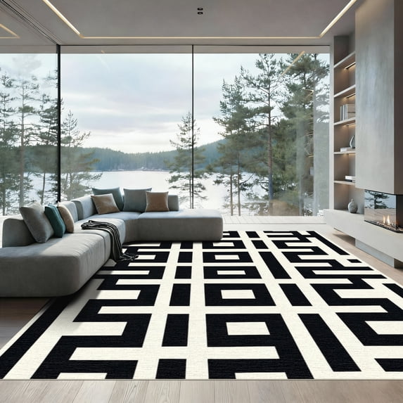 ODIKA 8'x10' Machine Washable Non-Slip Area Rug, Graphic Lines Black and Patterned Front Porch Chic High Traffic Rug, Gray, 889925