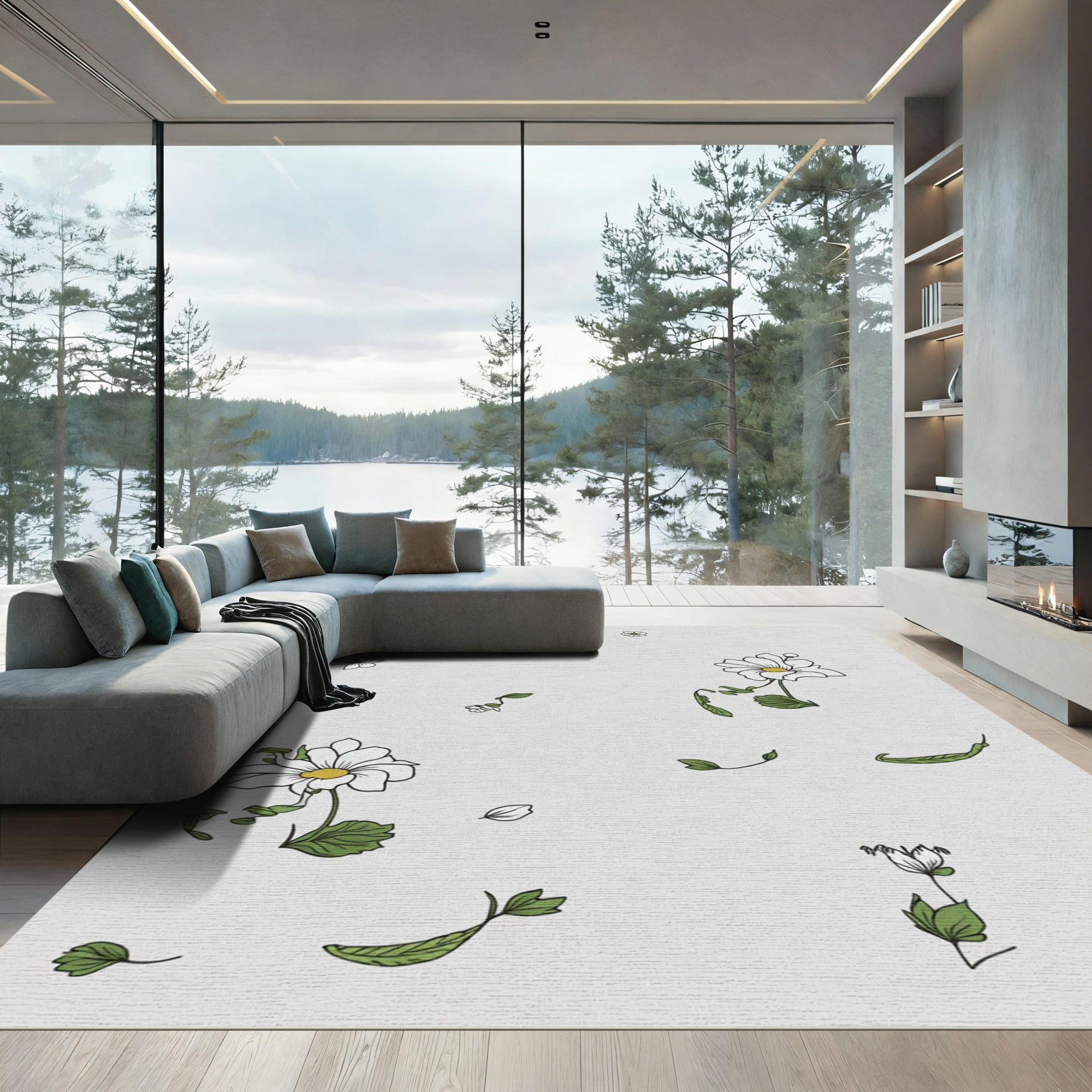 ODIKA 8x10 Machine Washable Non-Slip Area Rug, Gray Scale Flora with ...