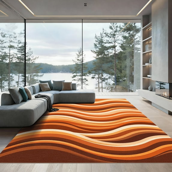 ODIKA 8'x10' Machine Washable Non-Slip Area Rug, Groovy Burnt Orange High Traffic Rug, Orange, 1285013