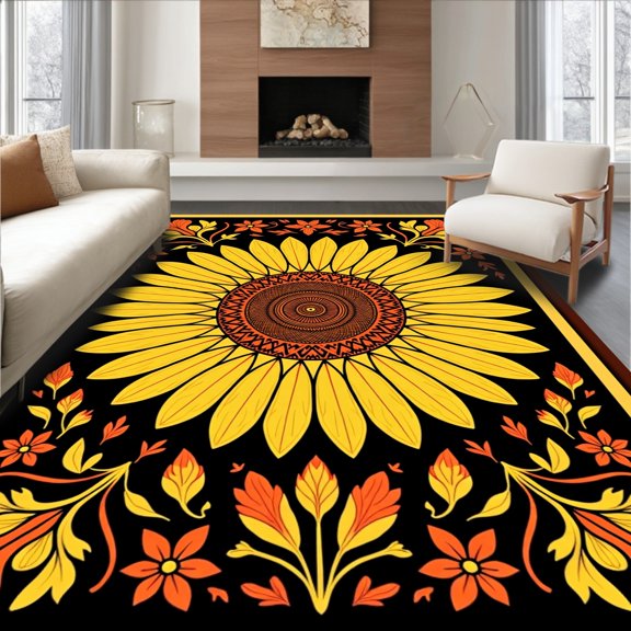 ODIKA 8'x10' Machine Washable Non-Slip Area Rug, Handcraft Pillow Kit Sunflower Design Cross Stitch Canvas High Traffic Rug, Yellow, 642716