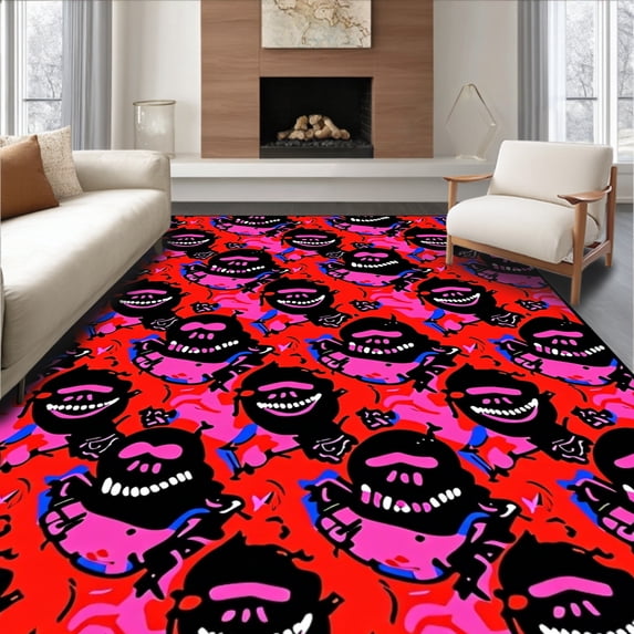ODIKA 8'x10' Machine Washable Non-Slip Area Rug, Happy Skull Face Graffiti With Abstract Ink Splatters High Traffic Rug with Pad, Red, 703945