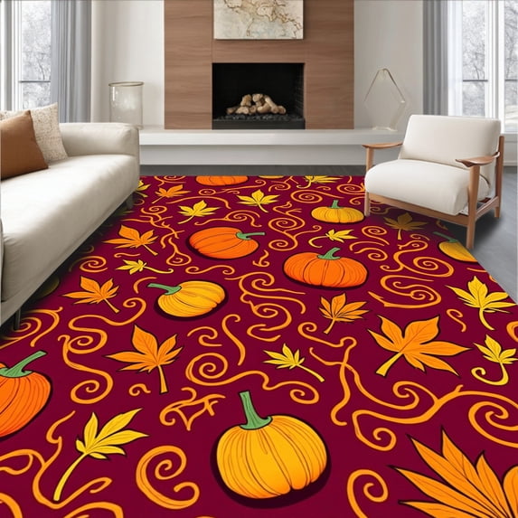 ODIKA 8'x10' Machine Washable Non-Slip Area Rug, Harvest Festival Foliage Thanksgiving Tree High Traffic Rug with Pad, Orange, 603654