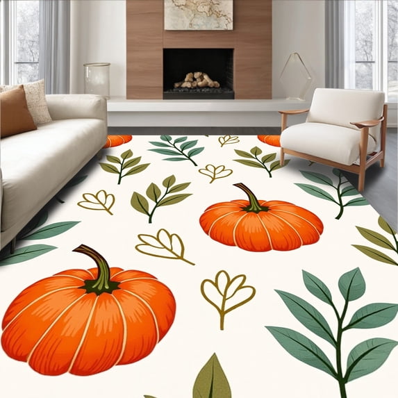 ODIKA 8'x10' Machine Washable Non-Slip Area Rug, Harvest Pumpkin Patch Watercolor Splash with Autumn Leaf Flourish Motif High Traffic Rug, Orange, 604753