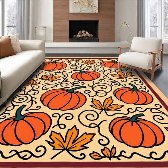 ODIKA 8'x10' Machine Washable Non-Slip Area Rug, Harvest Pumpkin Vine Welcome with Autumn Leaves Swirl Design High Traffic Rug, Orange, 602185