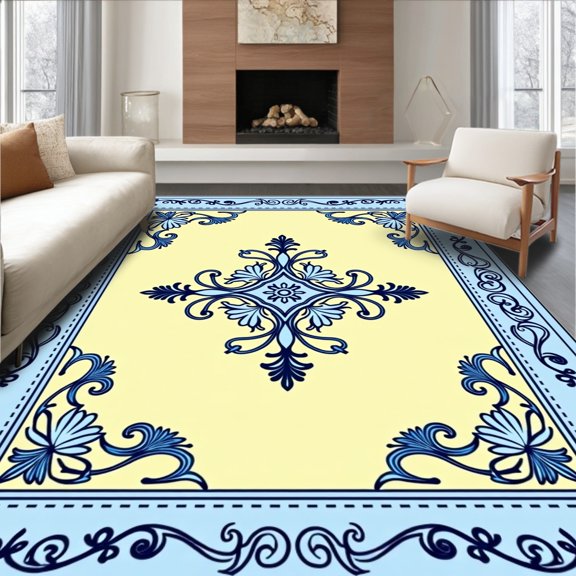 ODIKA 8'x10' Machine Washable Non-Slip Area Rug, Heirloom Damask with Classical Motifs High Traffic Rug, Yellow, 663897