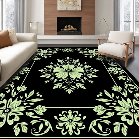ODIKA 8'x10' Machine Washable Non-Slip Area Rug, Heritage Bloom Vintage Naturalist Illustration Display High Traffic Rug, Black, 565228