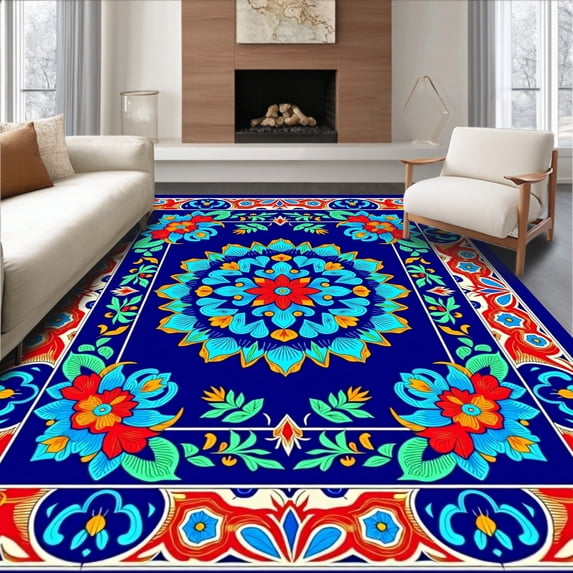 ODIKA 8'x10' Machine Washable Non-Slip Area Rug, Heritage Blossom Jewel Traditional Symmetrical Artisan Creation High Traffic Rug, Blue, 532369