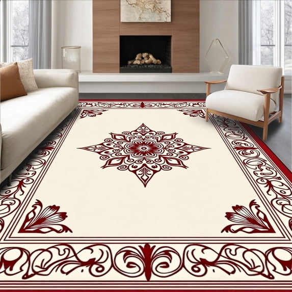 ODIKA 8'x10' Machine Washable Non-Slip Area Rug, Heritage Floral Crest with Interwoven Scroll and Petal Detailing High Traffic Rug with Pad, Red, 665910