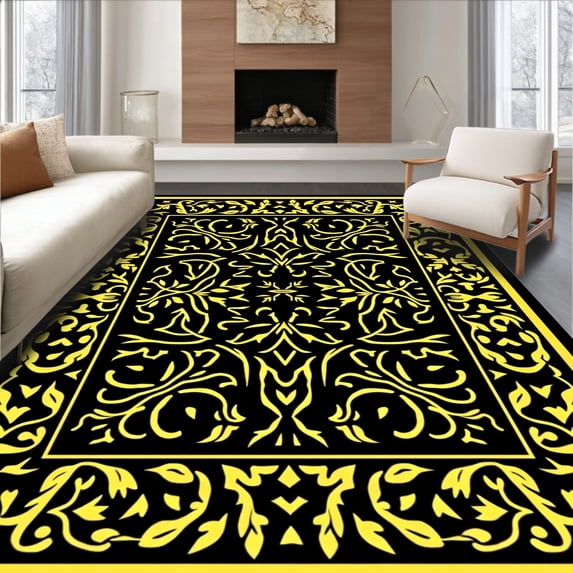 ODIKA 8'x10' Machine Washable Non-Slip Area Rug, Heritage Gridiron Crest with Interlocking Banner Motifs and Laurel High Traffic Rug, Black, 674099