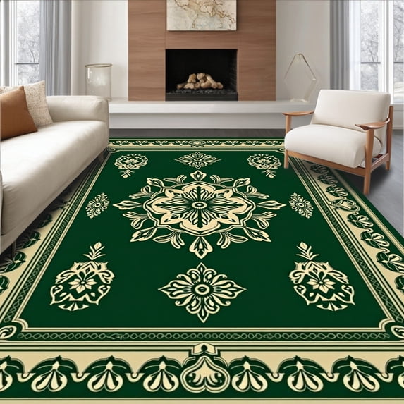 ODIKA 8'x10' Machine Washable Non-Slip Area Rug, Heritage Jade Ornate Artisan Crafted Timeless Beauty High Traffic Rug with Pad, Green, 576138