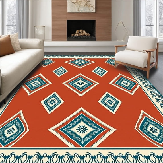 ODIKA 8'x10' Machine Washable Non-Slip Area Rug, Heritage Mosaic with Stylized Botanical Medallions and Borders High Traffic Rug with Pad, Red, 578422