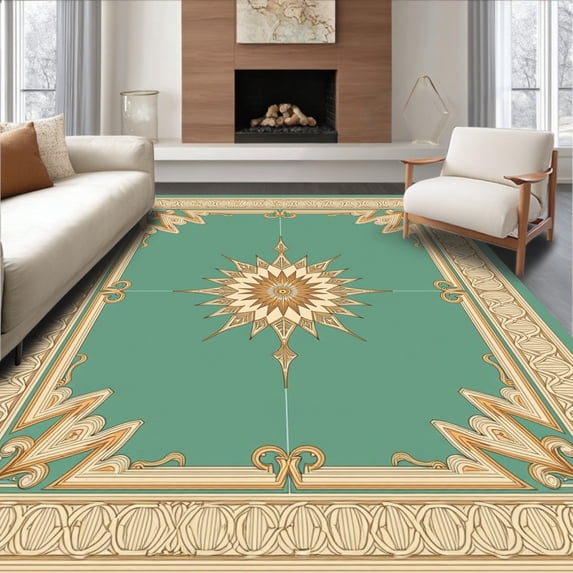 ODIKA 8'x10' Machine Washable Non-Slip Area Rug, Heritage Ornamental with Baroque Flourish and Centralized Starburst Motif High Traffic Rug with Pad, Teal, 578464