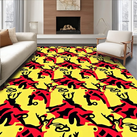 ODIKA 8'x10' Machine Washable Non-Slip Area Rug, Heritage Plaid Overlay with Whimsical Stag High Traffic Rug, Yellow, 616197