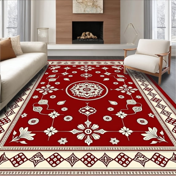ODIKA 8'x10' Machine Washable Non-Slip Area Rug, Heritage Showcasing Palmette Lattice Motifs High Traffic Rug with Pad, Red, 665719