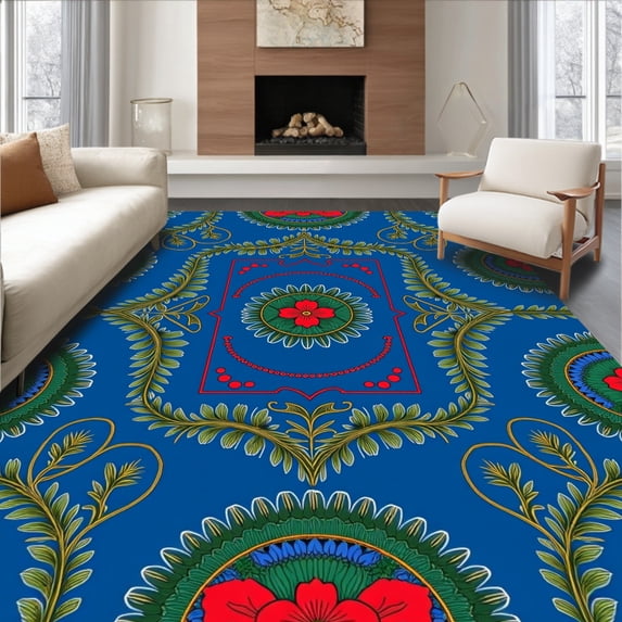 ODIKA 8'x10' Machine Washable Non-Slip Area Rug, Heritage Wreath Festivity Entrance Display Gift High Traffic Rug, Blue, 732296