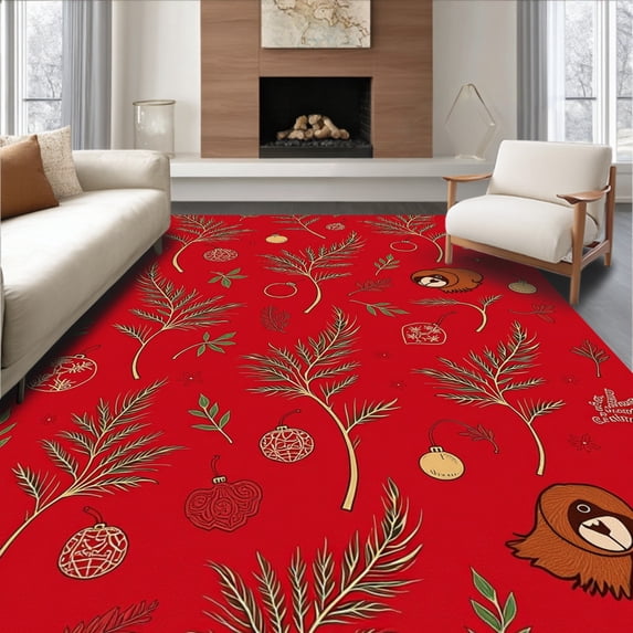 ODIKA 8'x10' Machine Washable Non-Slip Area Rug, Holiday Forest Creature Design Featuring Sloth and Evergreen Motifs High Traffic Rug with Pad, Red, 633460