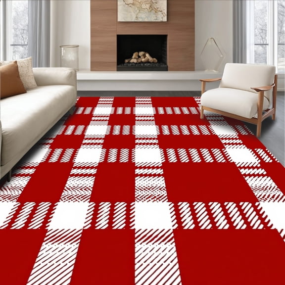 ODIKA 8'x10' Machine Washable Non-Slip Area Rug, Holiday Heritage Buffalo Plaid with Festive Interlocking Checks High Traffic Rug, Red, 638917
