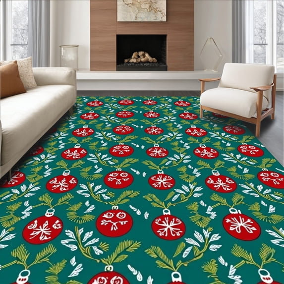 ODIKA 8x10 Machine Washable Non-Slip Area Rug, Holiday Ornament Mosaic with Snowflake and Evergreen Branch High Traffic Rug with Pad, Red, 649414