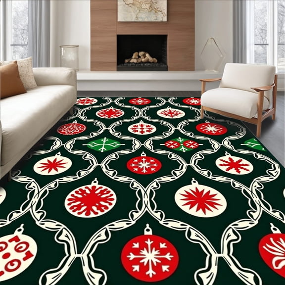 ODIKA 8'x10' Machine Washable Non-Slip Area Rug, Holiday Patchwork Featuring Abstract Animal Inspired Designs and Ornaments High Traffic Rug, Green, 642807