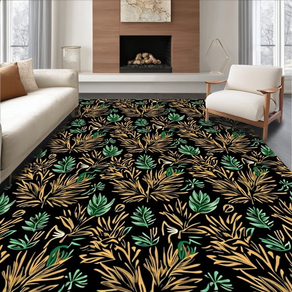 ODIKA 8'x10' Machine Washable Non-Slip Area Rug, Holiday Pinecone Cluster with Stylized Foliage Accents High Traffic Rug with Pad, Black, 624963