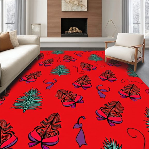 ODIKA 8'x10' Machine Washable Non-Slip Area Rug, Holiday Ribbon Featuring Delicate Pinecone and Leaf Embellishments High Traffic Rug, Red, 735512
