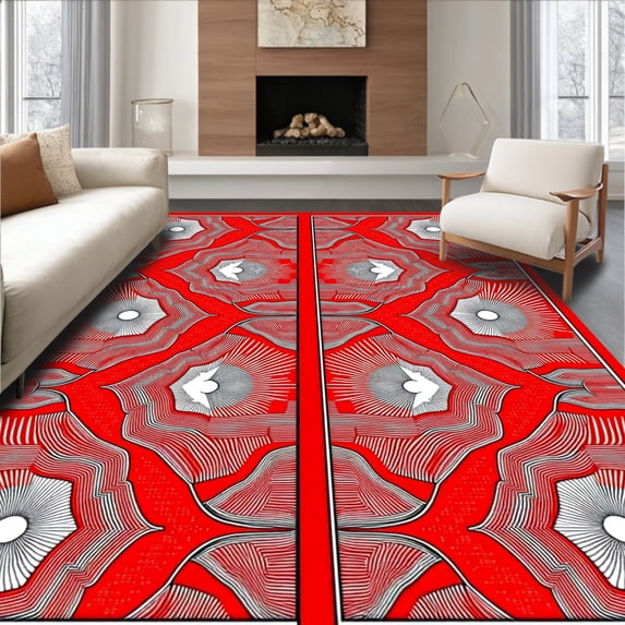 ODIKA 8'x10' Machine Washable Non-Slip Area Rug, Holiday Starburst Design Kit with Intricate Interlocking Shapes High Traffic Rug, Red, 629011