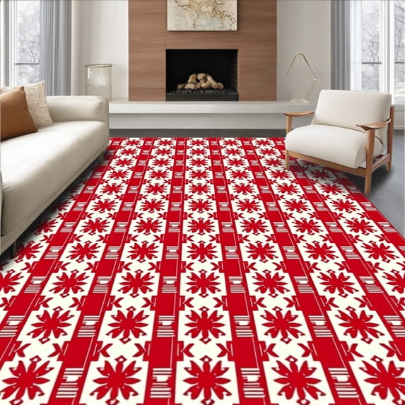 ODIKA 8'x10' Machine Washable Non-Slip Area Rug, Holiday Tartan Plaid with Vintage Starburst Embellishments High Traffic Rug, Red, 610838