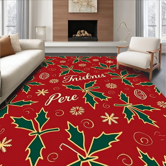 ODIKA 8'x10' Machine Washable Non-Slip Area Rug, Holly Pinecone with Snowflake Accents and Festive High Traffic Rug with Pad, Red, 623648