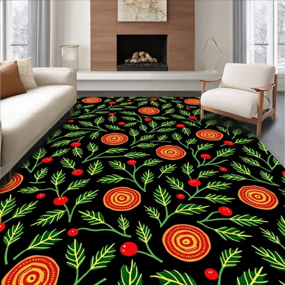 ODIKA 8'x10' Machine Washable Non-Slip Area Rug, Holly Sprig and Pinecone Festive Botanical Motif High Traffic Rug with Pad, Black, 623666