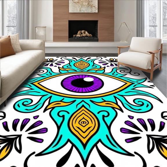 ODIKA 8x10 Machine Washable Non-Slip Area Rug, Hypnotic Talisman Burlap Boho Porch Greeting High Traffic Rug with Pad, Turquoise, 662989