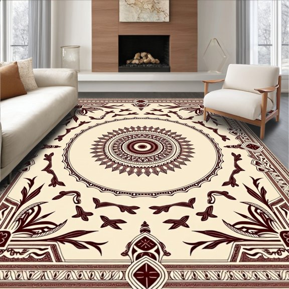 ODIKA 8'x10' Machine Washable Non-Slip Area Rug, Inspired Garden Maze with Central Rosette Focus High Traffic Rug, Beige, 662732