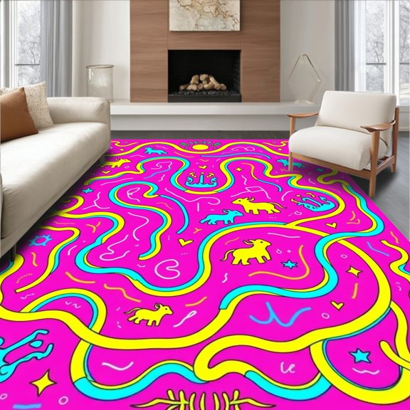 ODIKA 8'x10' Machine Washable Non-Slip Area Rug, Interactive ABC Journey Knowledge Path High Traffic Rug, Pink, 696864