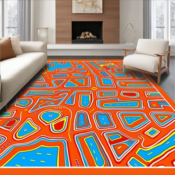 ODIKA 8'x10' Machine Washable Non-Slip Area Rug, Interactive Cityscape Featuring Detailed Roadways and Playful Vehicle Routes High Traffic Rug with Pad, Orange, 696151