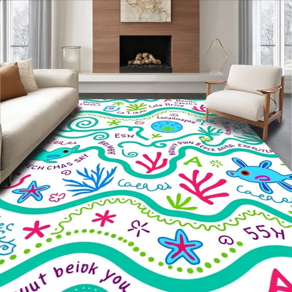ODIKA 8'x10' Machine Washable Non-Slip Area Rug, Interactive Ocean Alphabet Knowledge With Underwater Friends High Traffic Rug, Teal, 681066
